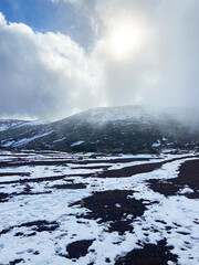 Snowy winter sunny day in Teide National Park,Tenerife,Canary Islands,Spain.Selective focus.