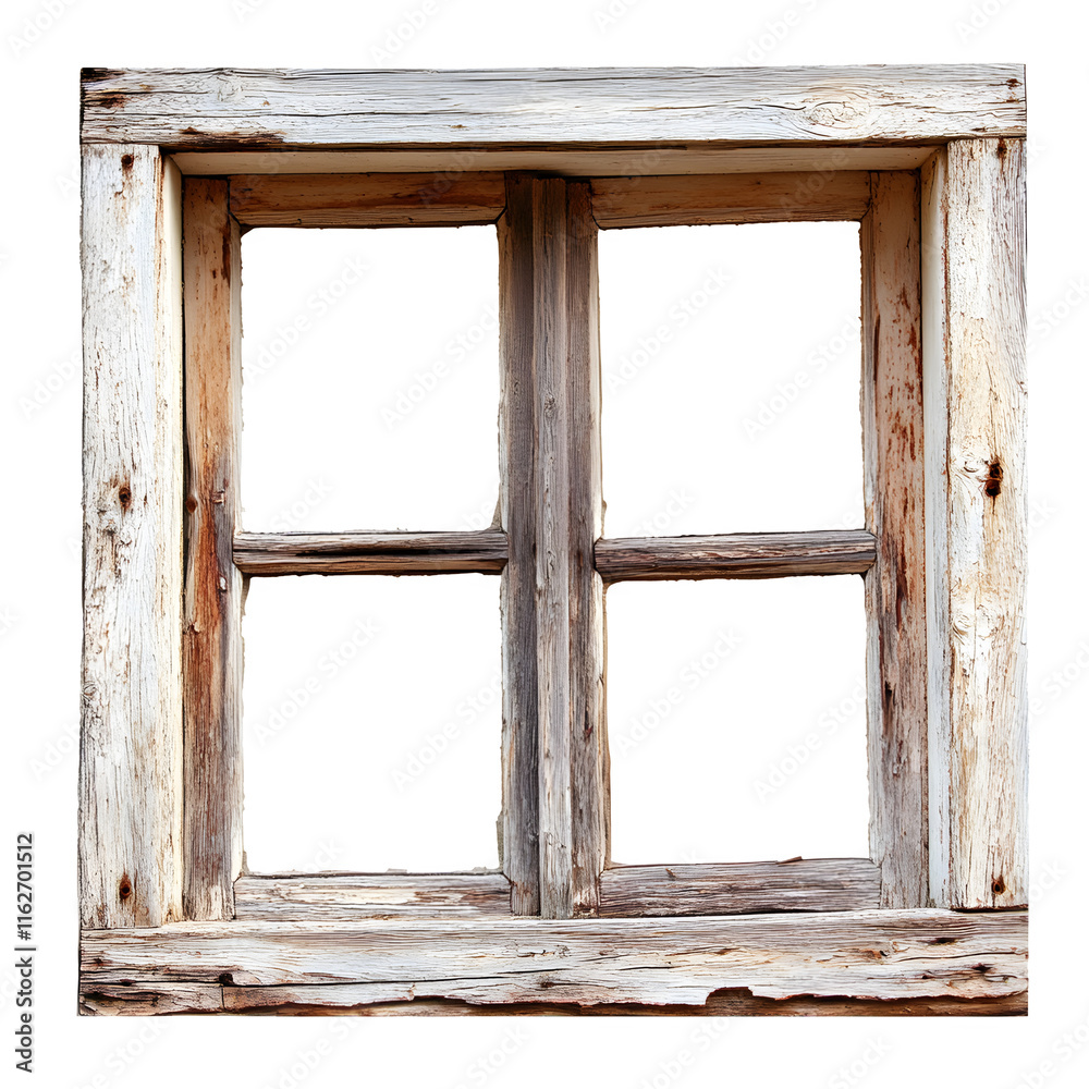 Poster Rustic weathered wooden window frame isolated on transparent background, ideal for architectural visualization or vintage design projects