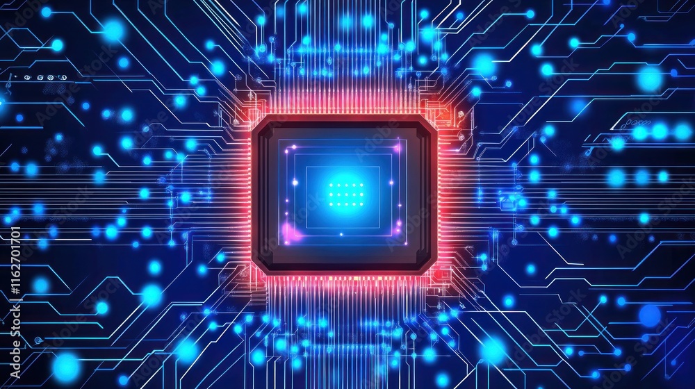 Fototapete a digital circuit board featuring a central processing unit surrounded by glowing connections.