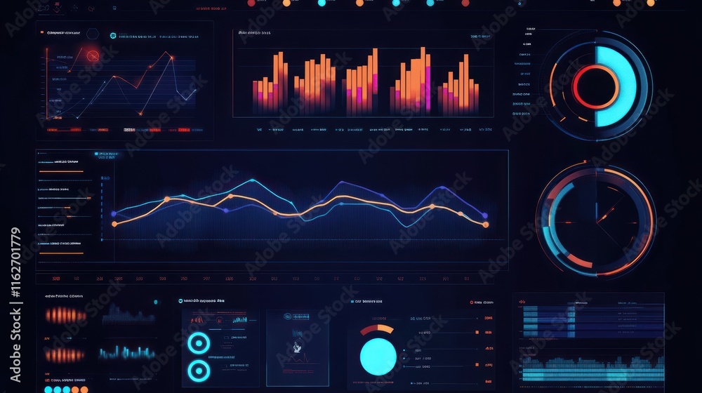 Poster a digital dashboard displaying various data visualizations and analytics metrics.
