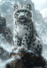 Fototapeta premium Majestic snow leopard perched on a snow-covered rock in a mountainous winter landscape.