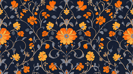 Arabic seamless floral patterns with set of orange arabesque ornaments with flowers, leaves and geometric ethnic motifs on dark blue background. Tile and textile print design