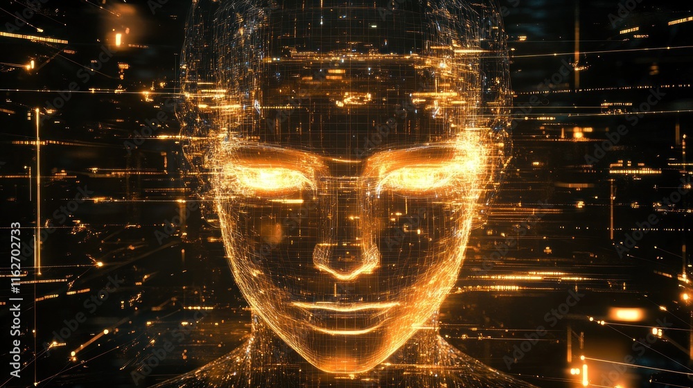 Leinwandbilder a digital representation of a human-like face made of glowing particles and data streams.