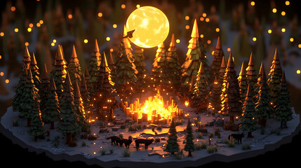 Low-poly 3D render of a whimsical winter forest scene with a bonfire, wolves, and a large moon.