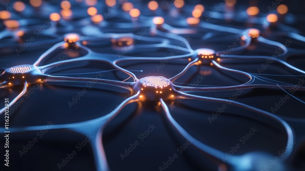 Poster a digital representation of interconnected neural networks with glowing nodes.