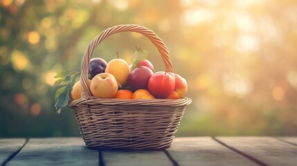Fresh Fruits in Basket on Wooden Table with Light Background
