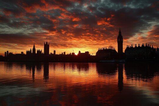The vibrant sunset casts an array of colors across the sky and reflects on the River Thames, showcasing London's famous skyline with Big Ben and other historic buildings.
