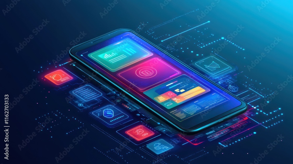 Poster a digital smartphone displaying various app interfaces and icons in a futuristic design.