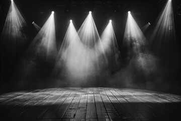 Dramatic stage lighting illuminates an empty wooden stage, ready for a performance. The atmosphere...