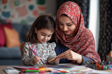 Fototapeta premium Arab mother and daughter in a stylish living room playing with art supplies.