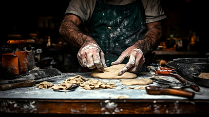 Baker's hands shaping dough on floured surface.