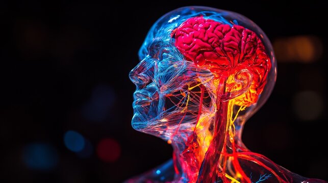 A vibrant depiction of human anatomy showcasing the brain and neural pathways in stunning detail. This image merges art and science through vivid colors. Generative AI