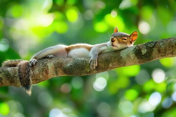 Fototapeta premium A squirrel is comfortably lying on a thick tree branch, enjoying a peaceful rest under the warm sun and surrounded by vibrant green leaves in a serene forest.
