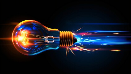 A vibrant lightbulb bursts with energy, radiating a dynamic mix of blue, orange, and red hues against a dark background.  A powerful visual representing innovation and speed.