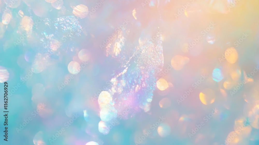 Poster A dreamy, iridescent background with soft bokeh lights in pastel colors.