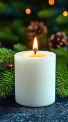 Winter Greens. White candle burning with pine cones and fir branches C