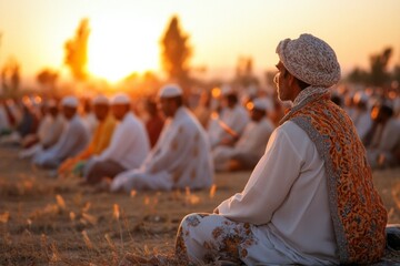 A bustling Eid al-Fitr prayer gathering at a large open ground, with people dressed in white robes