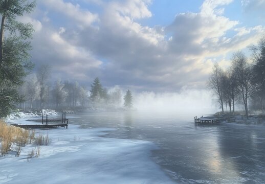 Serene Winter Lake Landscape: Misty Morning, Frozen Shore, and Wooden Docks