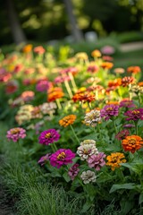 Vibrant Multicolored Zinnia Flower Garden in Summer Sunlight