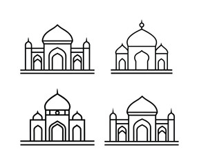 Set of 4 line art Muslim mosque silhouette. Modern mosque icon with white background. Muslim mosque silhouette festival vector illustration.