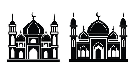 Set of 2 Muslim mosque silhouette. Modern mosque icon with white background. Muslim mosque silhouette festival vector illustration.
