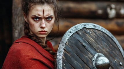 A fierce warrior woman in a red cloak holds a shield, embodying strength and determination.