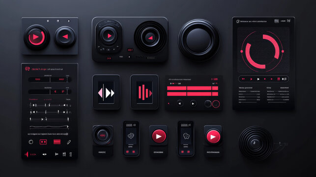 Music or video player interface vector template of media app ui. Digital player monochrome progress bar for music, video, radio, podcast or online streaming with media control and navigation buttons