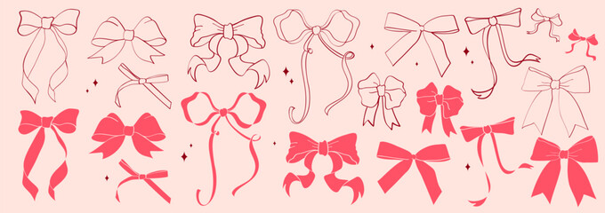 Set of hand drawn ribbon bows, coquette aesthetic. Vintage collection of outline and filled decoration elements for greeting cards, party, birthday, wedding invitations, posters, banners etc.
