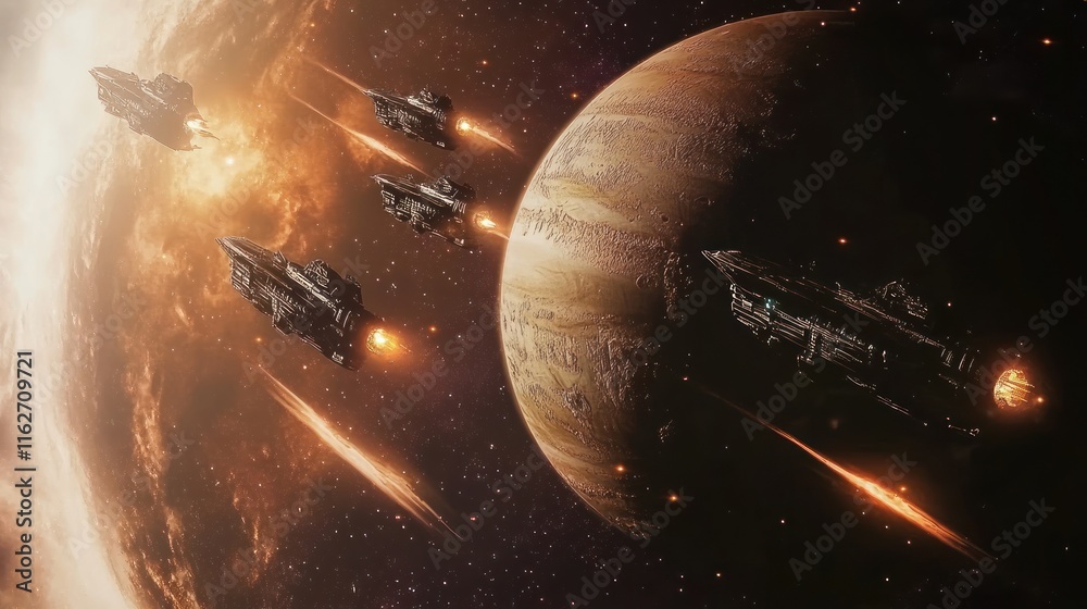 Poster a fleet of spacecraft navigating near a gas giant, showcasing space exploration and adventure.