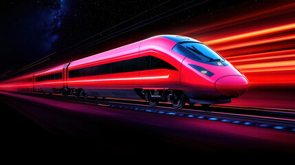 close up of futuristic high speed train with vibrant red colors, showcasing its sleek design and motion blur, evokes excitement and innovation