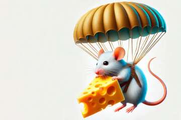 Naklejka premium A white mouse with cheese on a parachute. Space for text.