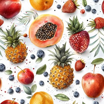 Vibrant watercolor background featuring a diverse array of fruits in lively colors