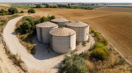Aerial View of Silos in Rural Landscape