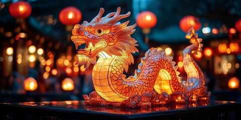 Obraz premium A joyous Chinese New Year festival celebrates the wood snake zodiac with dances, lanterns, and a large wooden snake carving. Families come together to embrace unity and traditions.
