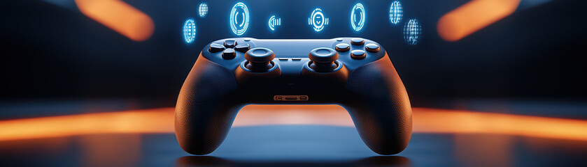 close up of gaming console controller with glowing icons, showcasing modern design and technology