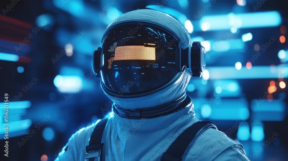 Poster a futuristic astronaut in a high-tech environment with glowing blue lights.