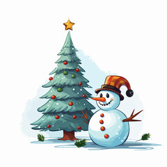 Festive snowman and tree cartoon vector illustration for Christmas celebrations