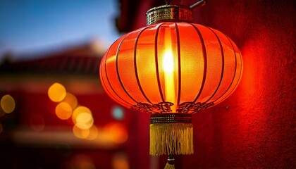 outdoor lanterns Chinese new year with red house background, focus on one lantern