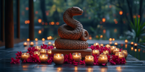 Fototapeta premium A peaceful Chinese New Year evening featuring a wooden snake statue surrounded by candles and offerings. The ambiance celebrates wisdom, transformation, and cultural heritage.