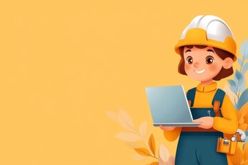 A friendly 2D drawing of an IT professional holding a wrench and a laptop, with a cheerful demeanor