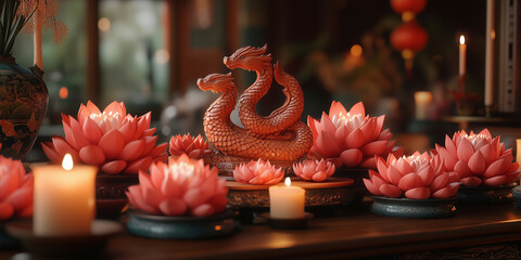 A serene Chinese New Year setup with a wooden snake zodiac design on a scroll, flanked by incense and traditional motifs. The setting conveys wisdom, tranquility, and blessings.