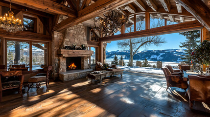 Luxurious mountain lodge living room with fireplace, expansive windows, and snowy landscape view.