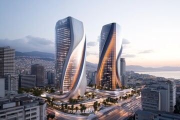 Obraz premium A futuristic vision of Izmir skyline, with modern skyscrapers and eco-friendly architecture blending into the coastline
