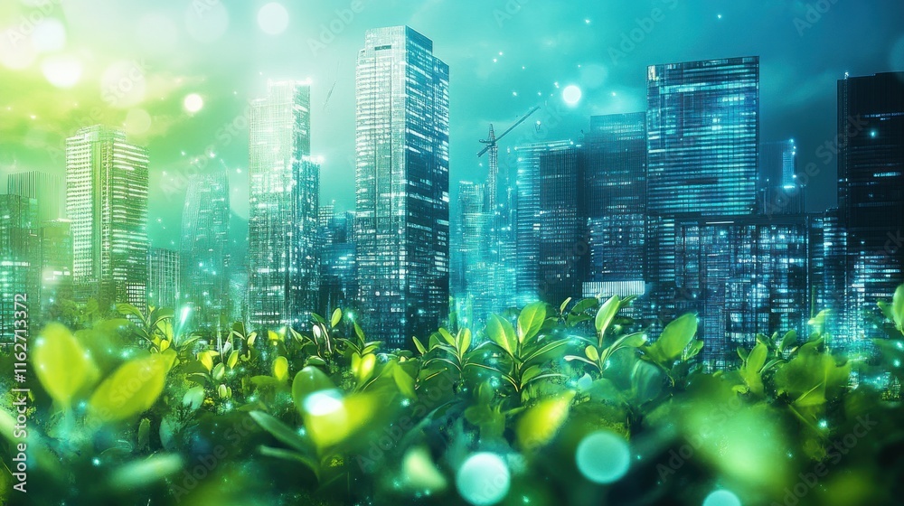 Poster a futuristic cityscape blending nature with urban architecture.