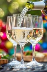 Pouring Sparkling Wine into Elegant Glasses Outdoors, Summer Party