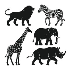 Black Silhouette Animal Icons Lion, Zebra, Elephant, Giraffe, Rhino