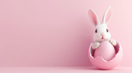 Obraz premium Adorable white bunny in a pink egg shell. Perfect for Easter cards, spring themes, and pastel designs.