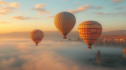 Obraz premium Three hot air balloons soar above a misty landscape at sunrise, creating a breathtaking and serene scene.