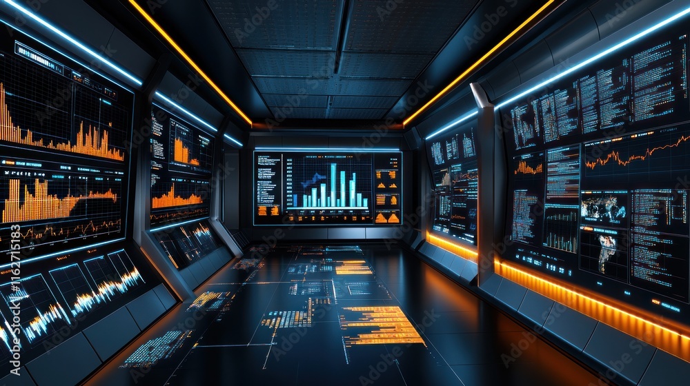 Poster A futuristic control room filled with data visualizations and analytics displays.