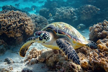 A hawksbill turtle glides gracefully above vibrant coral formations in a warm, sunlit sea. The underwater landscape showcases diverse marine life and coral diversity.